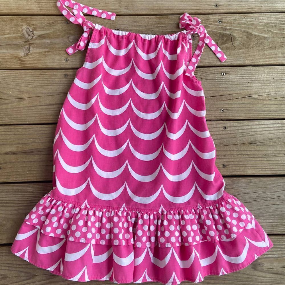 Kelly's Kids Pink & White Scalloped Polka Dot Tie Shoulder Maxi Dress Size 5-6